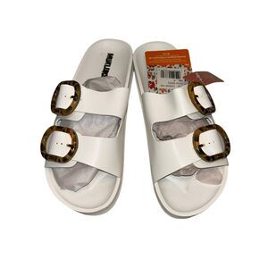 Women's Muk Luks White Double Buckle Slide Sandals Size 9 Tortoise Buckles